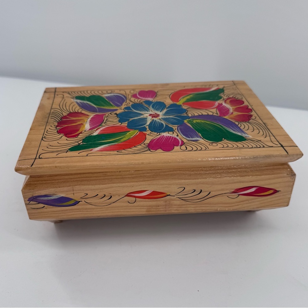 Vintage Mexican Handpainted Floral Wood Trinket Rustic‎ Jewelry Box Decor